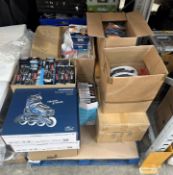 Pallet of assorted as new items to include electrical components, Arteza markers, roller blades, mil