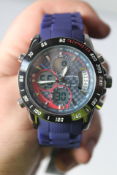 An as new Martyn Line Dual Time Chronograph Water Resistant 30M Watch with Blue-Black Rubber Strap.
