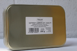 A Nipra 250g tin of Saffron Filaments Cat . I Quality packing year 2022 campaign 2021 - 2022 (BB 31/