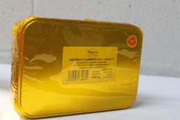 A Nipra 250g tin of Saffron Filaments Cat . I Quality packing year 2022 campaign 2021 - 2022 (BB 31/