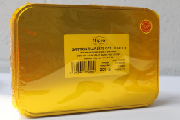 A Nipra 250g tin of Saffron Filaments Cat . I Quality packing year 2022 campaign 2021 - 2022 (BB 31/