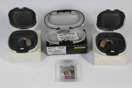 Four Hearing Aids to include Two Oticon Engage Hearing Aids, A Oticon Real 2 Minirite R and A Rexton