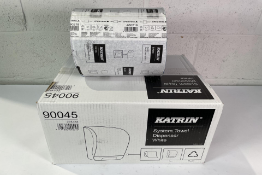 Three Katrin System Towel Dispensers 90045 - White (with 3 blue rolls).