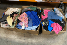 Three boxes of as new and one box of pre-owned clothing and related items.