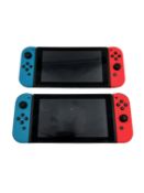 Two pre-owned Nintendo Switch consoles sold for parts (1 x damaged charging port, cosmetic damage t