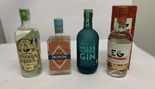 Four assorted Gins to include Vitoria Regia 700ml, Sibling Negroni Inspired 700ml, Hills & Harbour 7