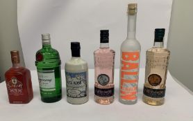 Six assorted Gins to include Puerto De Indias Guadalquivir 700ml, Puerto De Indias Strawberry 700ml,