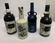 Two The Kraken Black Spiced Rums 1ltr/700ml, The Kraken Black Spiced Rum in a Ceramic Bottle 700ml,