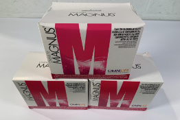 Three boxes of Omnilife Magnus (30 packets per box of 15g) Exp 30-01-25. Slight tear on box. .
