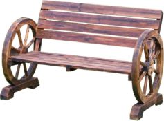 Two Seater Wooden Outdoor Wagon Wheel Bench, In Burntwood Traditional Colour, Boxed. (Stock Image)