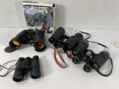 Four Binoculars: Boots Empire Made 10 x 50, Barclay Deluxe 8 x 40, Out There 7 x 50 Ruby Coloured Le
