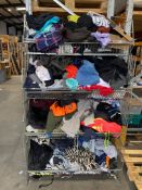 Four baskets of assorted clothing and related items.