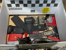 A box of assorted multi tools to include Victorinox, Gerber, Leatherman (over 18s only).