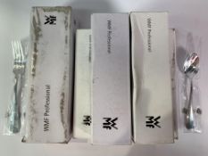 WMF assortment of cutlery; sixty seven teaspoons and seven dessert forks. Box worn. Items As New.