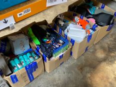 Four boxes of assorted miscellaneous items to include toys, household, souvenir items.