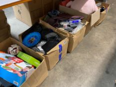 Six boxes of assorted miscellaneous items to include toys, household, souvenir items.