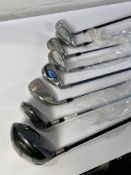 Seven assorted golf clubs to include Callaway, Taylormade, Adamgolf Driver and Irons (all left hande