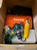 A box of assorted tools to include drills, socket sets and spanners.