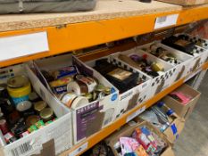 Seven boxes of assorted foods to include spreads/jams/honey/sauces.