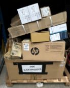 Pallet of assorted new & pre-owned printers, toners & related items (Sold as seen).