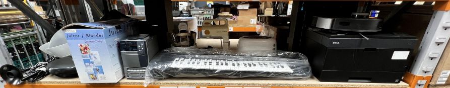 Assorted pre-owned home electricals including lights, blender, hifi system, keyboard & printer.