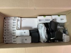 A box of assorted Phonak Products including Charging Case, Receivers, Roger Select NI, Hearing Aids