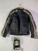 Bikers Gear Australia Leather Cafe Racer Jacket, Size L In Black With Beige Stripes New With Tags An