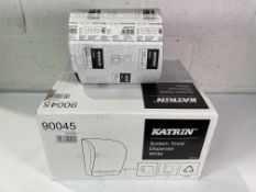 Three Katrin System Towel Dispensers 90045 - White (with 3 blue rolls).