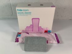 Six boxes containing two packs of Frida Mom 2 in 1 Cold Pads + Disposable Postpartum Underwear. As N