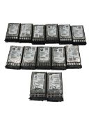 Thirteen pre-owned HP 605832-002 1TB 7.2K SAS Hard Drives with server trays (Data wiped).