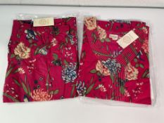 Six women's Inara Fuschia Cotton Pyjamas (Tops S/M and L/XL 3 each, Bottoms S, M x 2, L x 2 and XL).