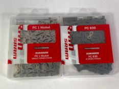 Two Sram PC 1 Nickel Single Speed Chains and three Sram PC 830 Eight Speed Chains.