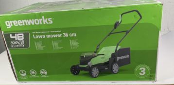 As new Greenworks 36cm Cordless Lawnmower 48V/2AH with Battery and Charger.