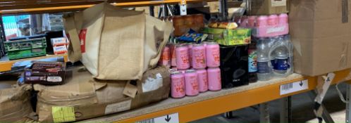 Assorted food items to include Beverages, Confectionery, Seasoning and Olive Oil on one shelf (Pleas