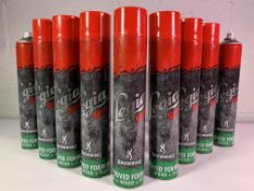 Nine cans of Browning Legia Oil Spray (750ml Cans). Two cans missing lids.