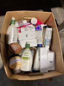 A box containing assorted as new toiletries.