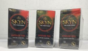 Eighteen boxes of Skyn Intense Feel Condoms (10 per box), EXP 09/2026 (over 18's only).