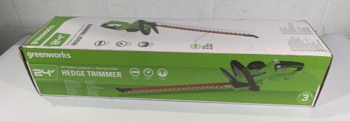 Greenworks Cordless Hedge Trimmer 24V with 2Ah Battery and Charger.