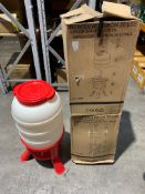 Two as new Siphon Drinker with feet 30L and one Hopper Feeder with feet 20L, two with boxes, one wit