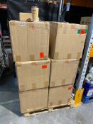 A pallet of branded thermal cups (sixteen boxes) and two boxes of branded pens.