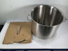 Metal cooking pot with lid, approximately 40cm height x 43cm diameter, slight ding in rim, boxed.
