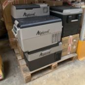 A pallet of customer returns Alpicool Portable Refrigeration Boxes.
