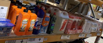 Assorted Cleaning, Bathroom and Toiletries Related Items on one shelf.