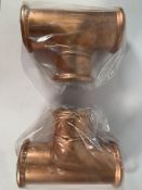 Two Copper Plumbing Industrial Tee Branches, Approximately 27.3cm Length - 22cm Height - 10.2cm Diam