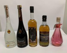 Five assorted Vodkas to include Pravda Espresso Flavoured 700ml, Pravda Orange Flavoured 700ml, Toff