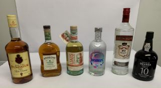 Six assorted Spirits to include Devesa 10yr Porto 750ml, Smirnoff No.21 Original Vodka1ltr. Absolut