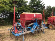 Farm made 3m bean drill with 3 rows pig tail tines and following harrow, metering wheel and PTO driv