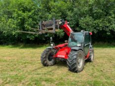 2012 Manitou Maniscopic MLT 634-120 PS materials handler with pallet tines and Manitou headstock on
