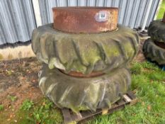 Pair Alliance 16.9/14-38 dual wheels and tyres with clamps