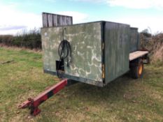 Bunded fuel bowser with working 12V pump and filter. Lights and hydraulic brakes. Side mounted vice.